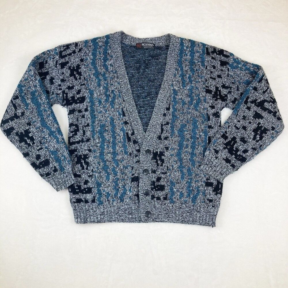 Scandia Cardigan Men’s Large Blue Black Vintage 80s 90s Grandpa Sweater USA Made